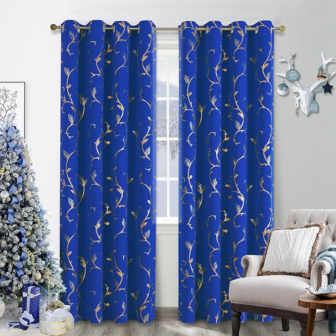 BUHUA Blackout Curtains Gold Foil Print Flower Vine Grommet Drapes, Room by BUHUA