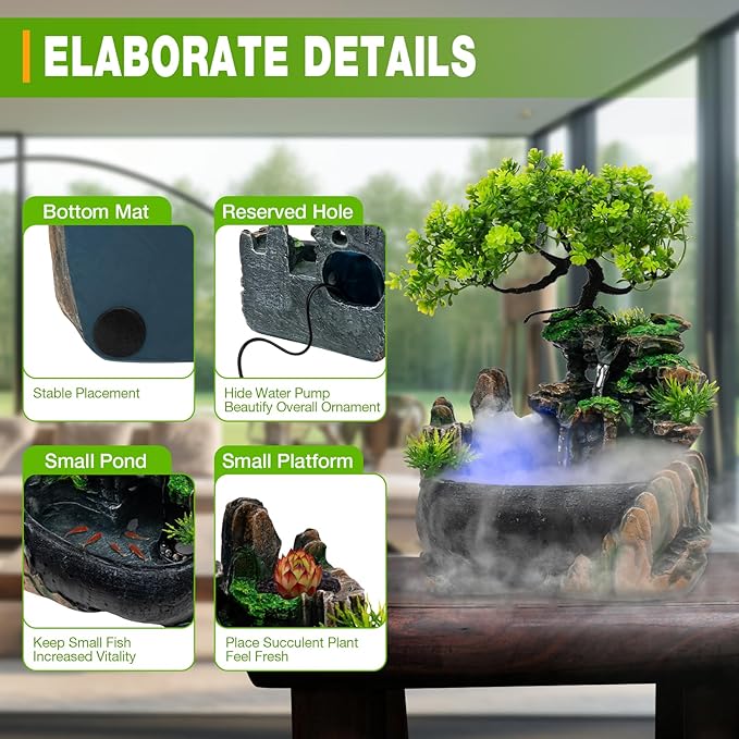 Tabletop Water Fountain with LED Lights – Resin Desktop Fountain - Image 7
