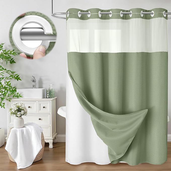 No Hook Shower Curtain and Liner Set, Sage Green Hotel Waffle Shower Curtain by Unknown