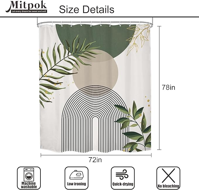 Sage Green Boho Shower Curtain 72Wx78H Modern Abstract Green Gold Leaves - Image 5
