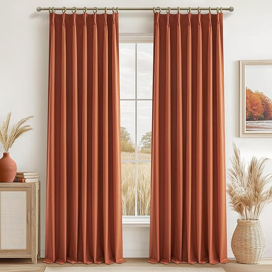 Fall Burnt Orange Pinch Pleated Curtains Blackout 102 Inches Long 2 Panels Set by QJMYDECO