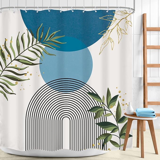 Blue Boho Modern Shower Curtain 72Wx72H Mid Century Abstract Gold Green Leaves - Image 2