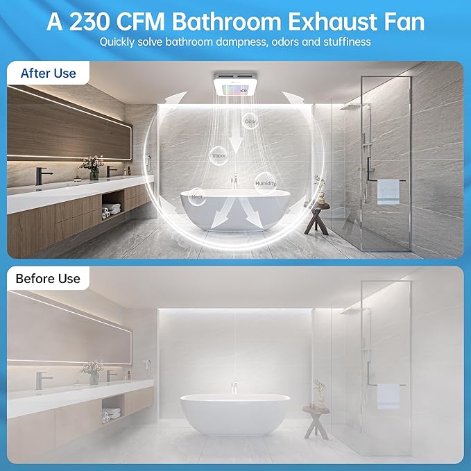 Bathroom Exhaust Fan with Bluetooth Speaker, 230 CFM 1.0 Sone Bathroom Exhaust - Image 5