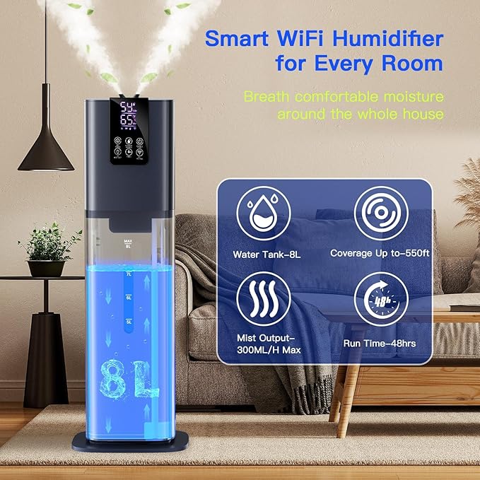 Smart Humidifiers Large Room Bedroom Home, 2.11Gal Quiet Top Fill Cool Mist - Image 3