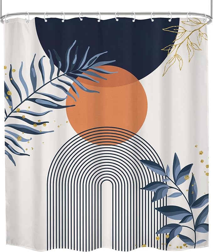 Navy Blue Boho Shower Curtain 60Wx72H Modern Abstract Bohemian Blue Gold Leaves - Image 8