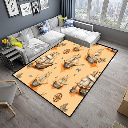 Runner, Sailboat Pattern Printing Foldable Area Rugs Fade Resistant, Flame - Image 2