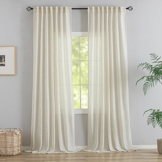 Back Tab Natural Linen Curtains 96 Inches Long 2 Panels Set by DONREN