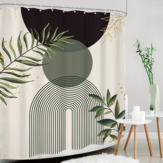 Dark Green Boho Shower Curtain 60Wx72H Black Green Modern Bohemian Mid Century - Image 3