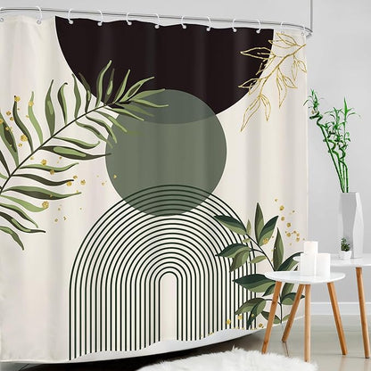 Dark Green Boho Shower Curtain 72Wx72H Black Bohemian Modern Abstract Plant - Image 3