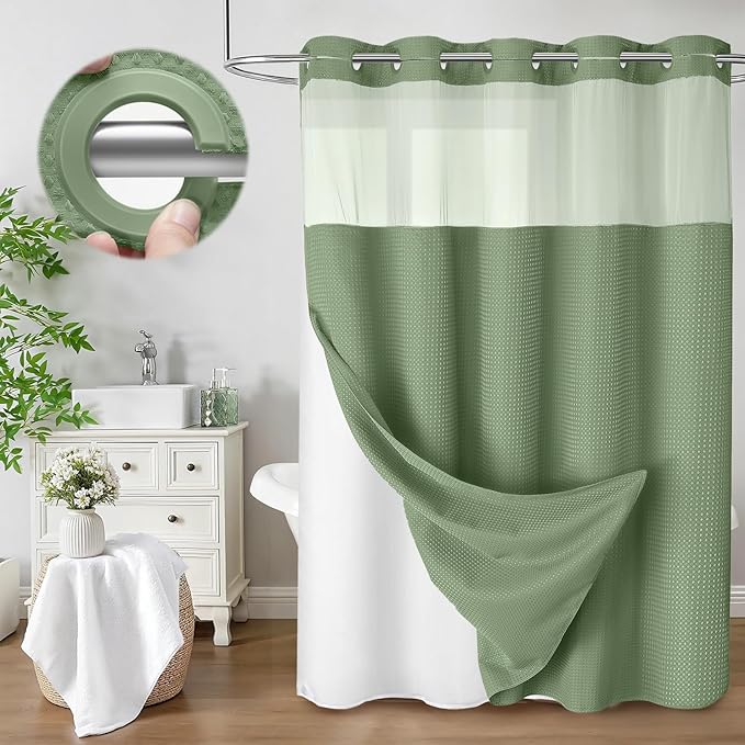 No Hook Shower Curtain and Liner Set, Hotel Waffle Shower Curtain by Unknown