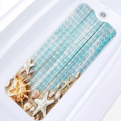 Seashells Summer Bath Mat Non Slip, Space Beach Wood 40 X 16 Inch Extra Long by Britown