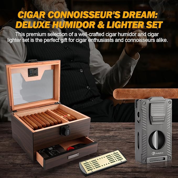 Cigar Humidor and Cigar Lighter Kit, Cedar Wood Cigar Case - Image 7