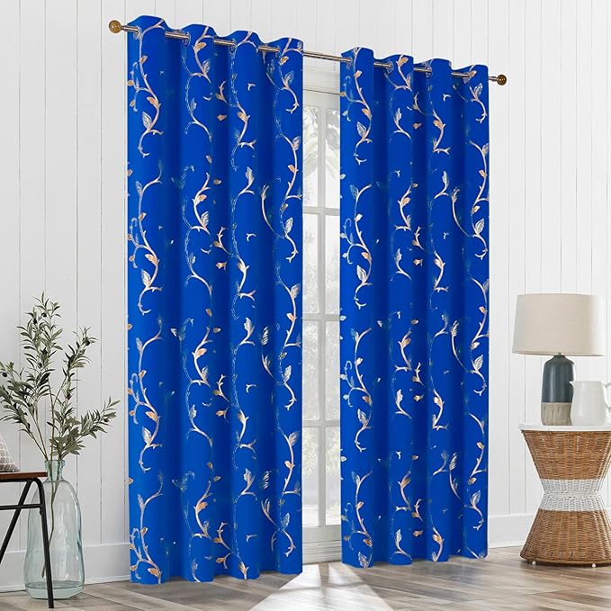 BUHUA Blackout Curtains Gold Foil Print Flower Vine Grommet Drapes, Room - Image 5