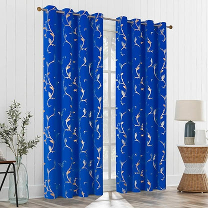 BUHUA Blackout Curtains Gold Foil Print Flower Vine Grommet Drapes, Room - Image 5