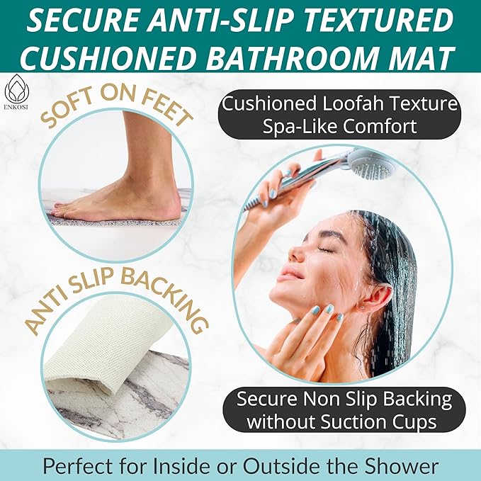 Enkosi Loofah Shower Mat with Drain Hole – Cushioned Anti-Slip Square Bath Mat - Image 2
