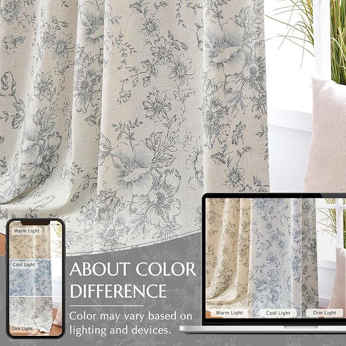 jinchan Blackout Linen Blend Curtain Gray Floral Blackout Curtains - Image 6