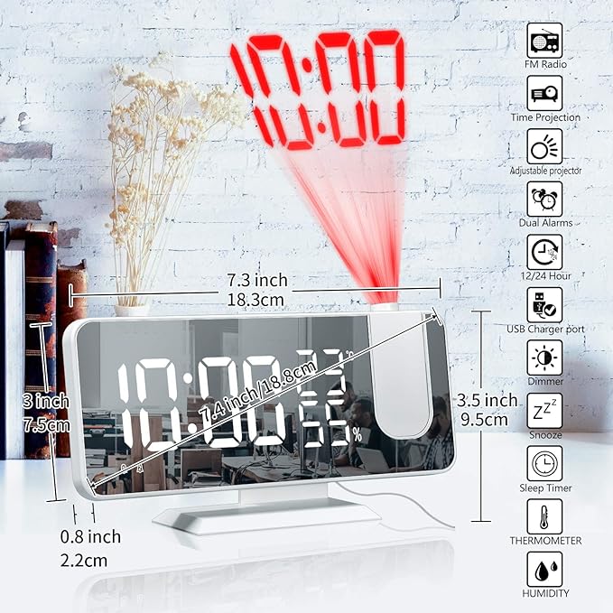 Projection Digital Alarm Clock for Bedrooms, Clock Radio on Ceiling, USB - Image 7