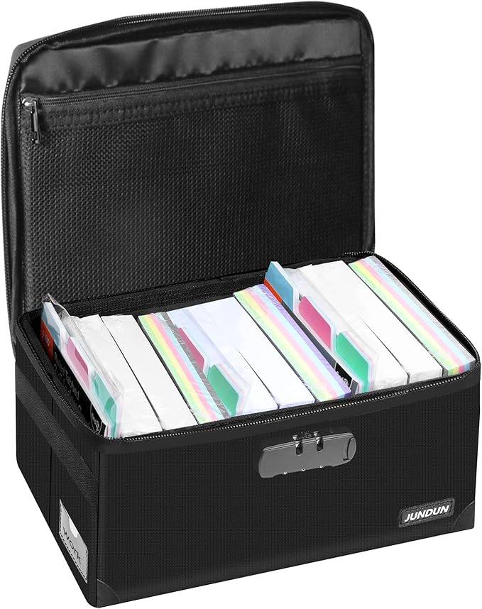 JUNDUN Index Card Holder with Lock, Collapsible Fireproof Index Card Box fits by JUNDUN