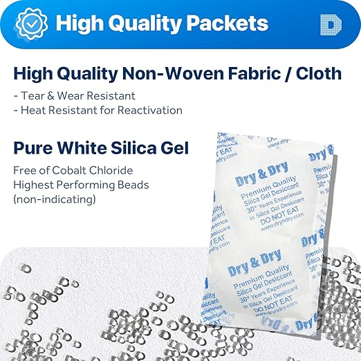 Dry & Dry 100 Gram Silica Gel Packets Desiccants, Silica Packets - Image 2
