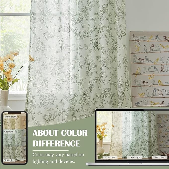 jinchan Linen Floral Curtains for Living Room 84 Inch Long Sage Green Printed - Image 5