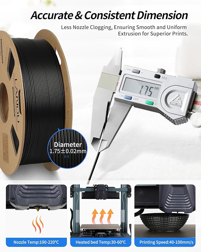 LANDU PLA Filament 1.75mm Black 1KG, 3D Printer Filament 1kg Cardboard Spool - Image 3