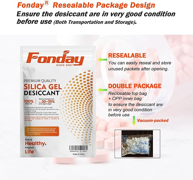 2g x 100 Packs Fonday Food Grade Silica Gel Desiccants Packs Moisture Absorbers - Image 7