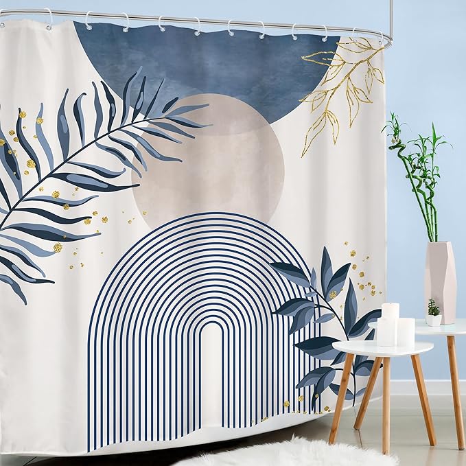 Blue Boho Shower Curtain 72Wx72H Modern Bohemian Abstract Leaves Plant - Image 3