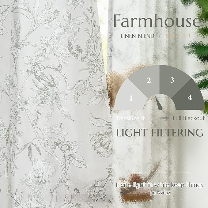 jinchan Floral Curtains 84 Inches Long Charcoal Grey Flower Linen Farmhouse - Image 2