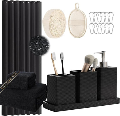 Resin Black Bathroom Sets, Bath Towel Set, Natural Loofah Sponge, Soap Dispenser by LetUsMakeHomeYourFavoriteDestination