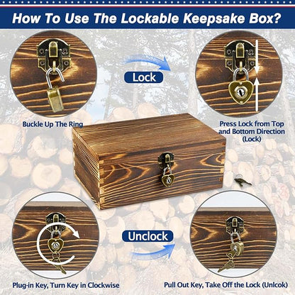 Wooden Box with Lock and Keys Hinged Lid Treasure Chest Memory Hobby - Image 6
