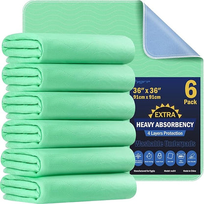 6 Pack 36” x 36” Extra Heavy Absorbency Washable Underpads, Waterproof Quick by Fygrip