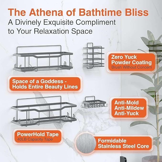 Shower Caddy Bathroom Shelves, The Athena Silken 4 Set, 40LB Capacity, Adhesive - Image 7