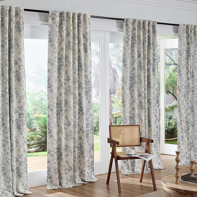 jinchan Blackout Linen Blend Curtain Gray Floral Blackout Curtains - Image 7