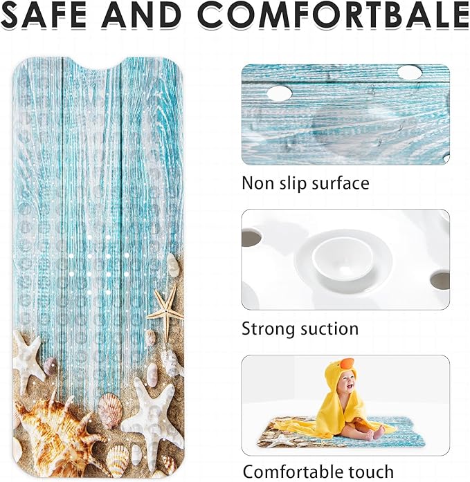 Seashells Summer Bath Mat Non Slip, Space Beach Wood 40 X 16 Inch Extra Long - Image 4