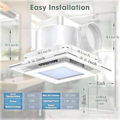 Bathroom Exhaust Fan with LED Light 8 inch Ceiling Mount Ventilation Fan 100 CFM - Image 2
