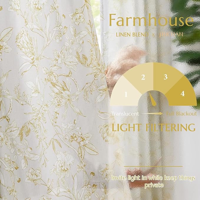 jinchan Floral Curtains 84 Inches Long Mustard Yellow Flower Linen Farmhouse - Image 3