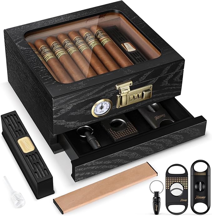 Cigar Humidor, Cedar Wood Humidor Cigar Box, Glass Top Desktop Humidor by Tesonway