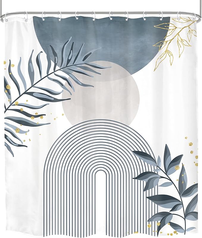 Blue Gray Boho Shower Curtain 60Wx72H Abstract Grey Bohemian Modern Leaves Mid - Image 8