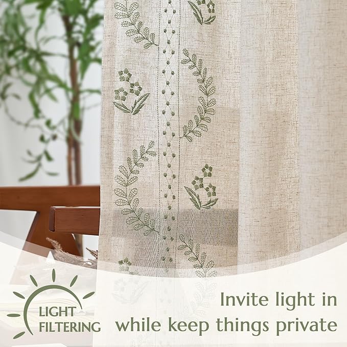 jinchan Belrose Linen Curtains for Bedroom Floral Curtains 63 Inch Length Linen - Image 5