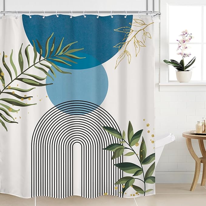 Blue Boho Modern Shower Curtain Mid Century Abstract Gold Green Leaves Sun Arch by MitpokBrand