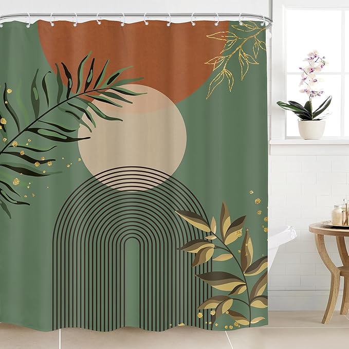 Boho Dark Green Shower Curtain 60Wx72H Abstract Bohemian Mid Century Minimalist by MitpokBrand