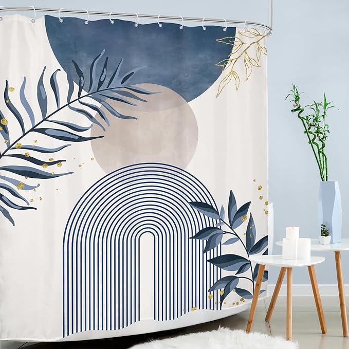 Blue Gray Boho Shower Curtain Dusty Blue Gold Leaves Modern Bohemian Abstract - Image 3