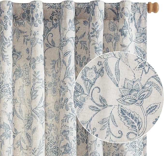 Vangao Lined Linen Curtains for Bedroom Floral Curtains 63 Inches Long Blue by Vangao
