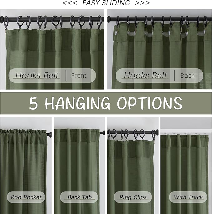 Olive Linen Back Tab Curtains 108 Inches Long Ceiling to Floor - Image 3