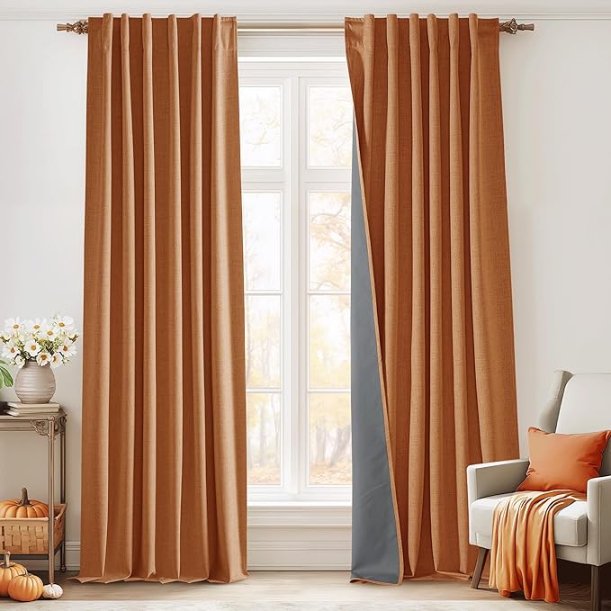 RYB HOME Burnt Orange Total Blackout Curtains Linen Texture, Rustic Fall by RYBHOME