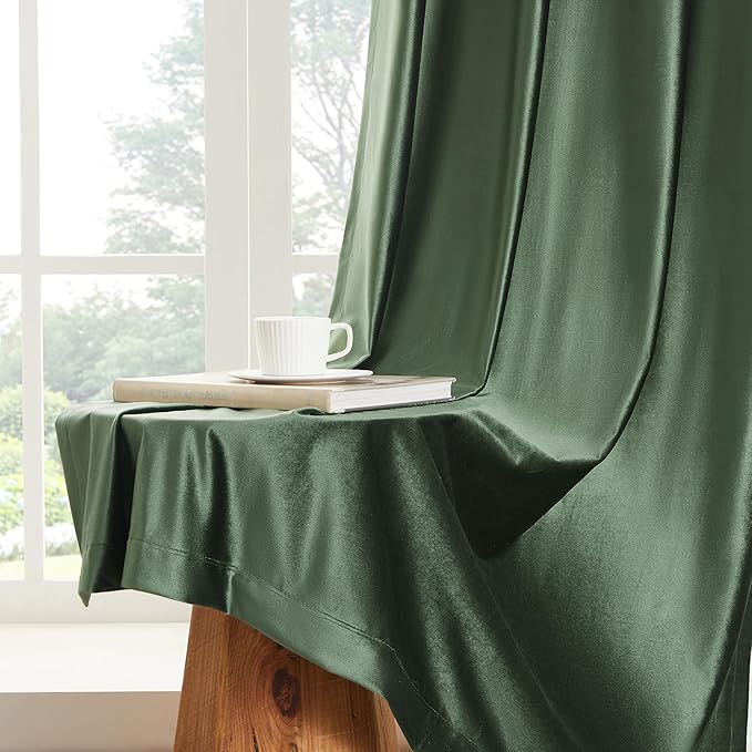 BULBUL Olive Green Velvet Curtains 72 inch Luxury Emerald Elegant Living Room - Image 6