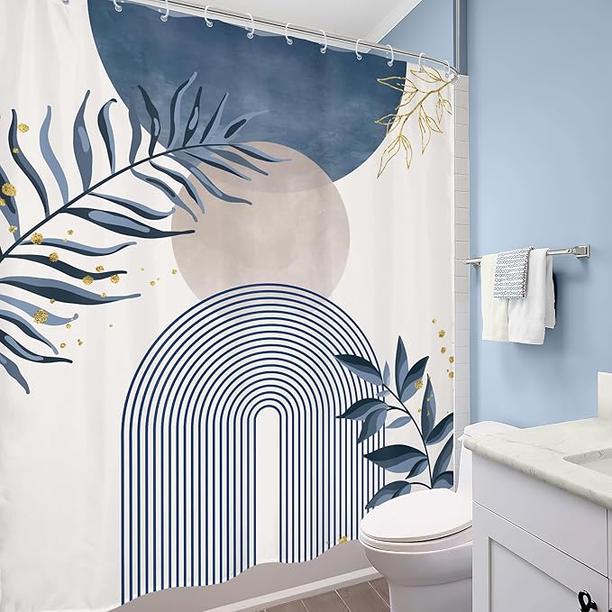 Blue Gray Boho Shower Curtain Dusty Blue Gold Leaves Modern Bohemian Abstract - Image 4