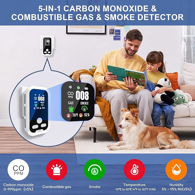 2-Pack 5 in 1 Carbon Monoxide Smoke Combustible Gas Detector Portable Plug in - Image 3