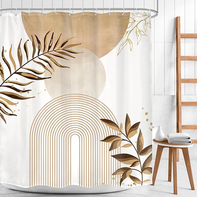 Beige Boho Shower Curtain 60Wx72H Bohemian Abstract Modern Mid Century Leaves - Image 2