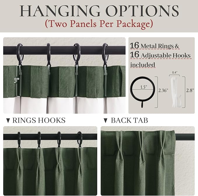 Pinch Pleated Curtains with Rings and Hooks Loden 102 Inch 8-1/2ft Tall Vintage - Image 4